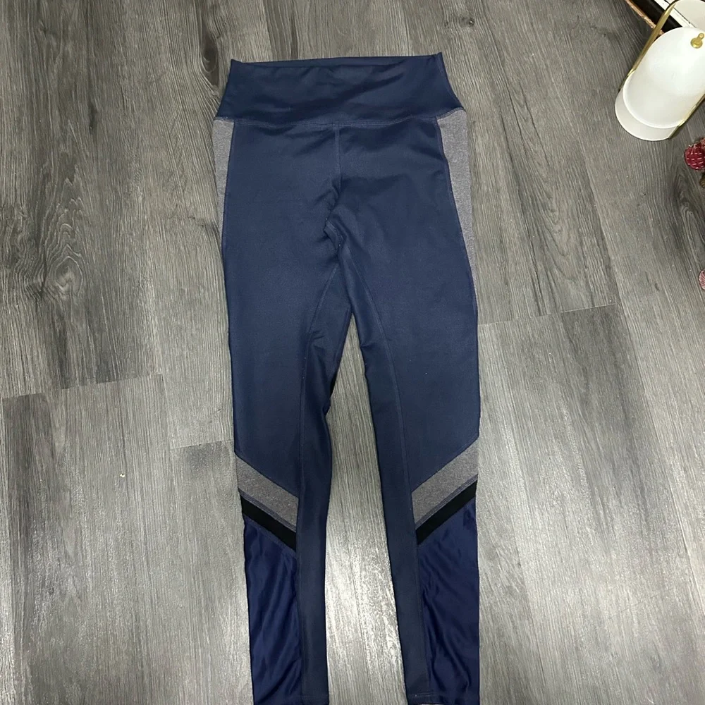 ALO Yoga Blue and Gray Leggings with Mesh Panels - Picture 1 of 5